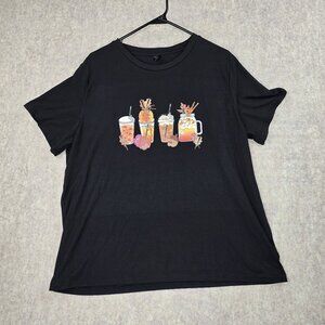 Shein Curve 2XL Black Graphic T-Shirt With Cute Drink Illustrations
